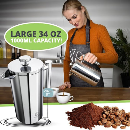 Oliver's Kitchen ® Premium French Press Cafetiere Coffee Maker - Thermal Insulated Double Wall - Stainless Steel 1 Liter