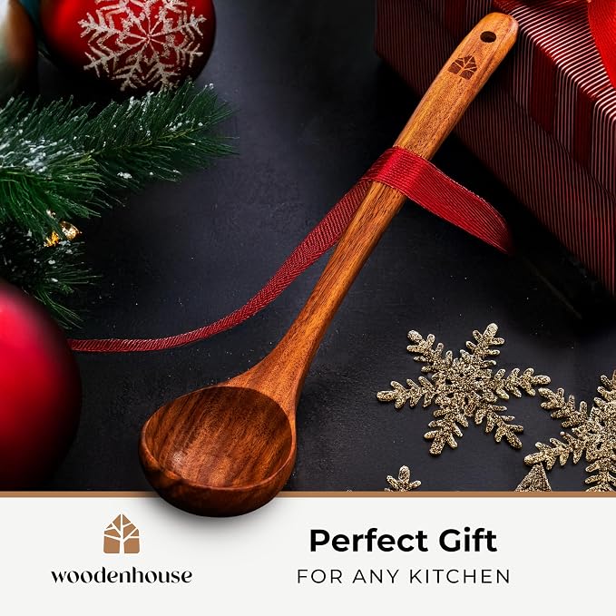 Wooden Ladle for Cooking, Soup Spoon Ladle – Teak Wooden Serving Spoon, 12.4″ Handle, Medium Scoop Size 2 oz – Eco Friendly, Natural and Sustainable