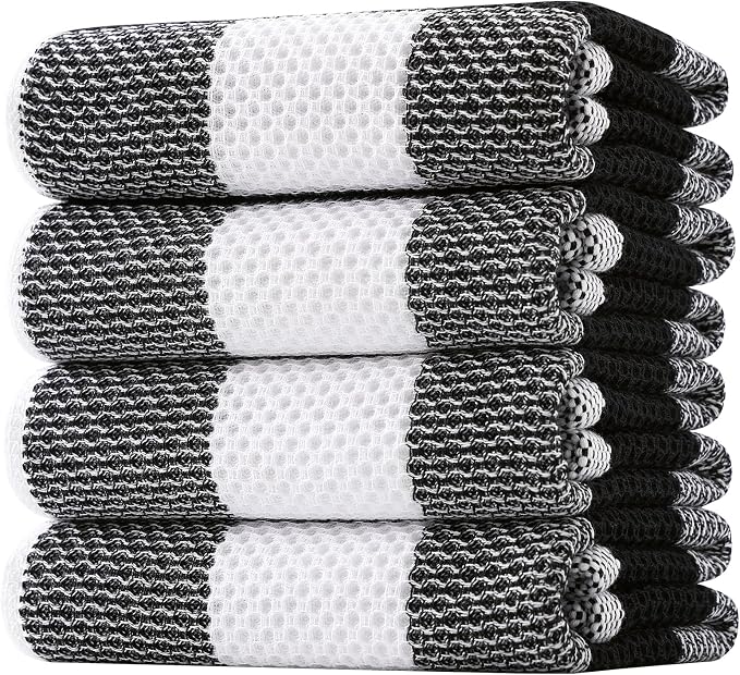 Homaxy 100% Cotton Waffle Weave Check Plaid Kitchen Towels, 20 x 28 Inches, Super Soft and Absorbent Dish Towels for Drying Dishes, 4-Pack, White & Black