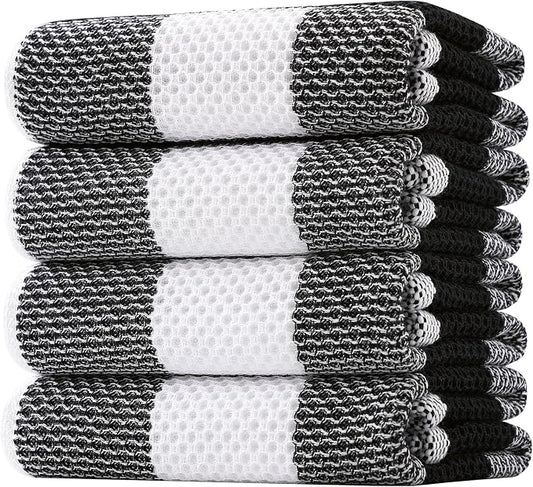 Homaxy 100% Cotton Waffle Weave Check Plaid Kitchen Towels, 20 x 28 Inches, Super Soft and Absorbent Dish Towels for Drying Dishes, 4-Pack, White & Black
