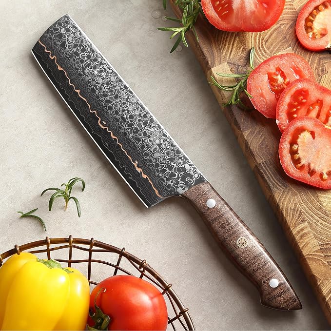 Wakoli Kawa Nakiri Knife, 7.1-Inch Blade Damascus Chef Knife | 67-Layer Damascus Steel with VG10 Core | Copper Inlay | Maple Stabilized Wood Handle | Professional Kitchen Knife