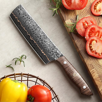 Wakoli Kawa Nakiri Knife, 7.1-Inch Blade Damascus Chef Knife | 67-Layer Damascus Steel with VG10 Core | Copper Inlay | Maple Stabilized Wood Handle | Professional Kitchen Knife