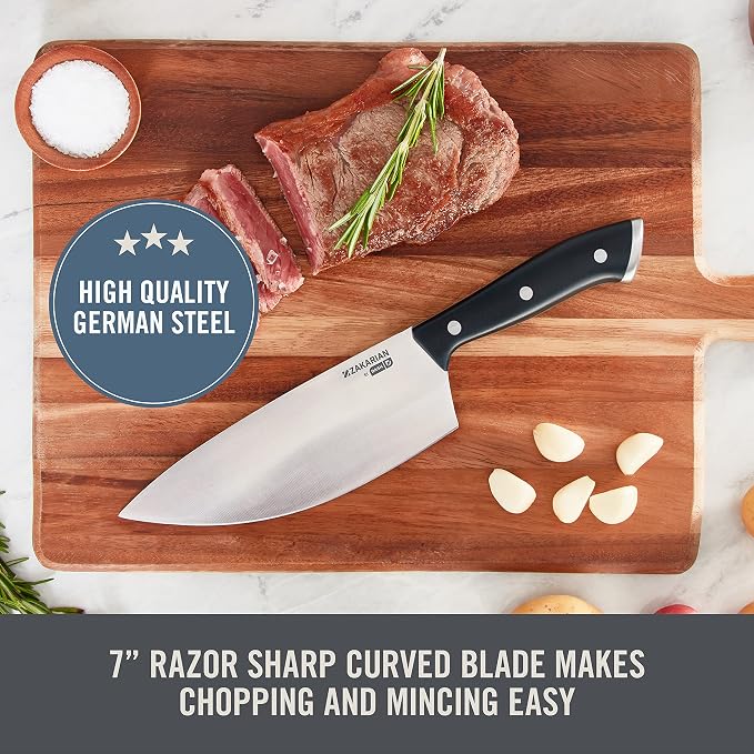 Zakarian by Dash 7" Chef Grade German Steel Rocking Chef Knife with Sheath for Chopping and Slicing - Black