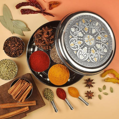 KSJONE Designer Spice Box, 7 Spice Jars, Holds 7 Spices, Steel Spice Container with 7 Spoons, Storage for Spices and dryfruits Indian Masala Dabba Gifts for Women, Mothers Day Gifts for Mom (7.3 Inch)