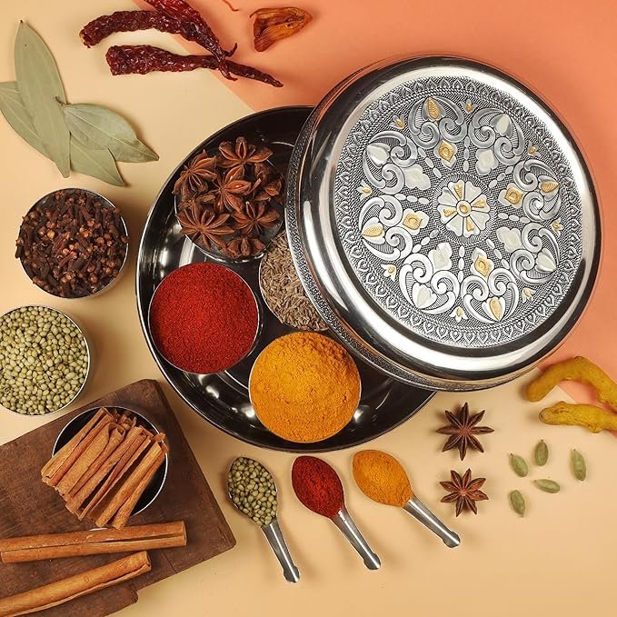 KSJONE Designer Spice Box, 7 Spice Jars, Holds 7 Spices, Steel Spice Container with 7 Spoons, Storage for Spices and dryfruits Indian Masala Dabba Gifts for Women, Mothers Day Gifts for Mom (9 Inch)