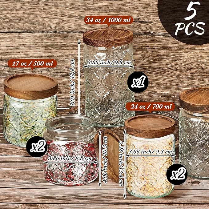 Gerrii Clear Begonia Round 5 Pcs Vintage Glass Food Storage Containers 17/24/34 oz Glass Jar with Lid Airtight Candy Food Canisters for Kitchen Counter Pantry Coffee Beans