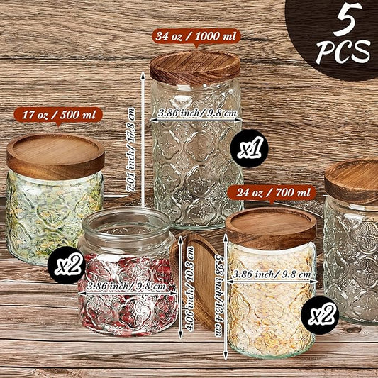 Gerrii Clear Begonia Round 5 Pcs Vintage Glass Food Storage Containers 17/24/34 oz Glass Jar with Lid Airtight Candy Food Canisters for Kitchen Counter Pantry Coffee Beans
