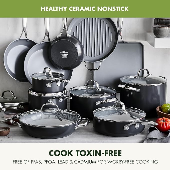 GreenPan Valencia Pro Ceramic Nonstick 22 Piece Cookware Set, Hard Anodized PFAS-Free Pots & Pans, Induction Ready, Compatible on All Cooktops, Dishwasher Safe, Oven Safe to 600F, Gray