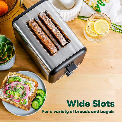 bella 2 Slice Toaster, Quick & Even Results Every Time, Wide Slots Fit Any Size Bread Like Bagels or Texas Toast, Drop-Down Crumb Tray for Easy Clean Up, Stainless Steel and Black