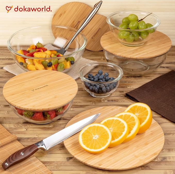 Stackable Space-Saving Set of 5 Nesting Glass Bowls with Bamboo Lids for Foodprep, Storage, Baking, Mixing & Cooking, Microwave & Oven Safe BPA Free Heat Resistant Inert Borosilicate Glass