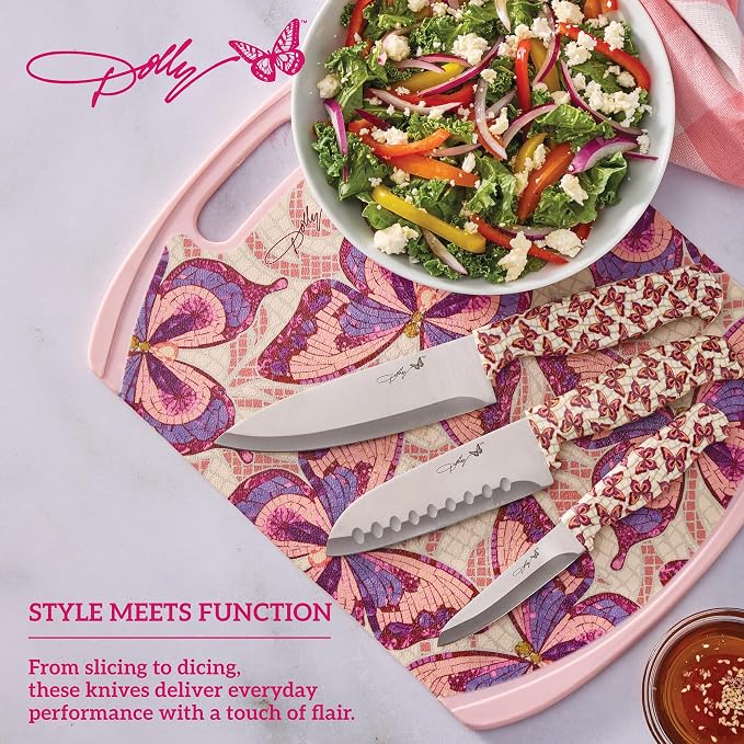 Dolly Parton 3-Piece Chef Knife Set, Butterfly Pattern Handles, Includes 6 Inch Chef, 5 Inch Santoku and 3.5 Inch Paring Knives