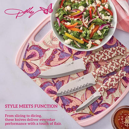 Dolly Parton 3-Piece Chef Knife Set, Butterfly Pattern Handles, Includes 6 Inch Chef, 5 Inch Santoku and 3.5 Inch Paring Knives