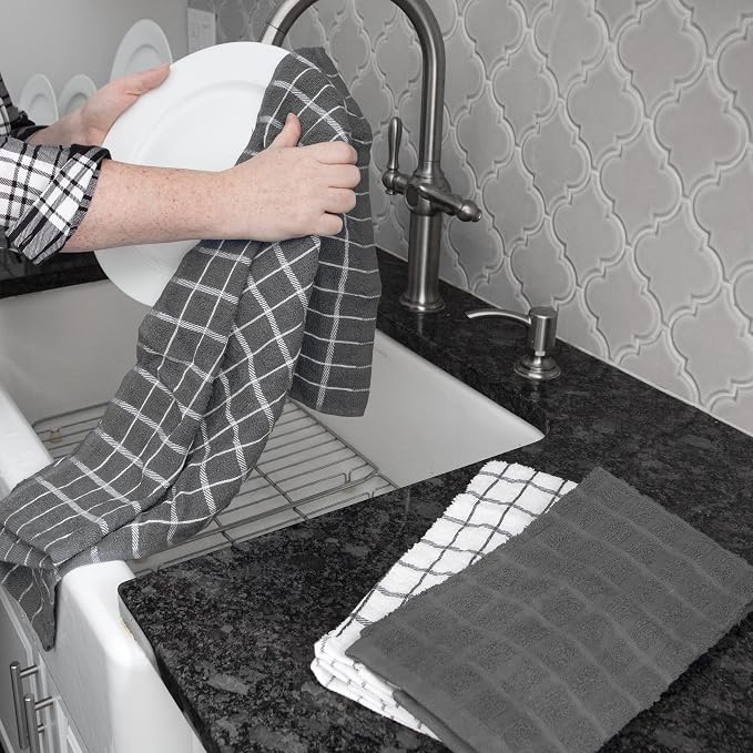 Ritz Premium 3-Pack Kitchen Towel & 6-Pack Dish Cloth Set - Highly Absorbent, Super Soft, Long-Lasting, 100% Cotton Terry Drying Cleaning Cloths, Gray