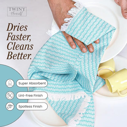 TWINY threads Dish Towel Chevron Weave, 4 Pack, Premium 100% Cotton Kitchen Linen Set, Large Dish Rags and Wash Rags, Absorbent Quick Drying, Machine Washable Dishcloth Set, 16"x26", Aqua Blue