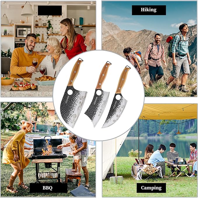 3PCS Butcher Knife, 7" Meat Cleaver, 7" Serbian Chef and 6.5" Viking, Hand Forged Butcher Knife Set with Wooden Handle, Geat for Home, Camping, BBQ (Unique Pattern)