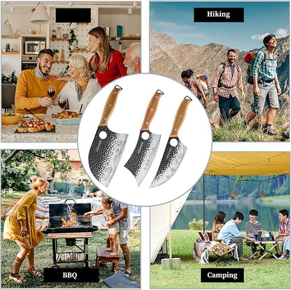 3PCS Butcher Knife, 7" Meat Cleaver, 7" Serbian Chef and 6.5" Viking, Hand Forged Butcher Knife Set with Wooden Handle, Geat for Home, Camping, BBQ (Unique Pattern)