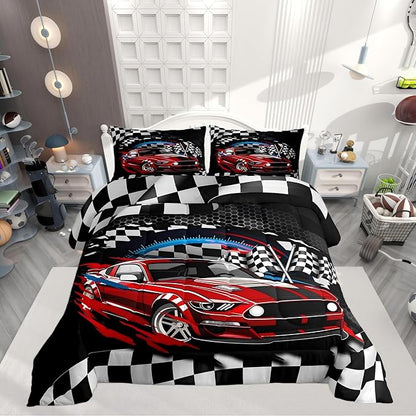 Manfei Racing Car Theme Boys Kids Comforter Set Full Size,Extreme Sports Duvet Set Room Decor,Speeding Game Brushed Microfiber Soft Bedding Comforter