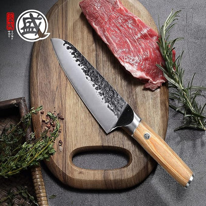 MITSUMOTO SAKARI 7-Inch Japanese Santoku Knife, SKD-11 Steel | Wide 2mm Santoku blade for slicing, dicing and mincing, 3-layer SKD-11 steel, pakkawood handle