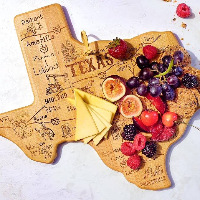 Totally Bamboo Destination Texas State Shaped Bamboo Cutting Board, Charcuterie and Serving Board for Kitchen with Hang Tie for Wall Display