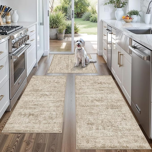 Kitchen Rugs Sets of 3,Washable Non-Slip Kitchen Mats for Hardwood Floor, Boho Farmhouse Kitchen Runner Rug for Sink,Entryway & Hallway & Bathroom (Beige Brown, 2x3+2x4+2x5)