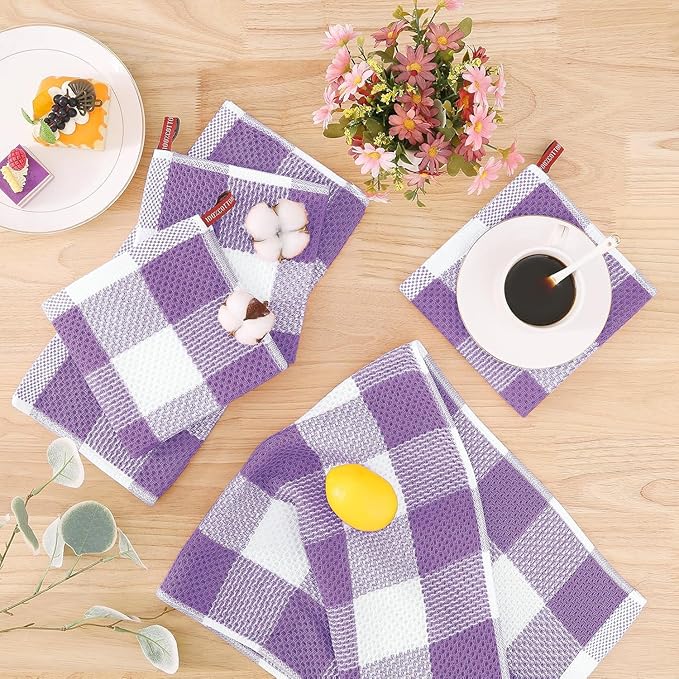 Homaxy 100% Cotton Waffle Weave Check Plaid Dish Cloths, 12 x 12 Inches, Super Soft and Absorbent Dish Towels Quick Drying Dish Rags, 6-Pack, White & Purple