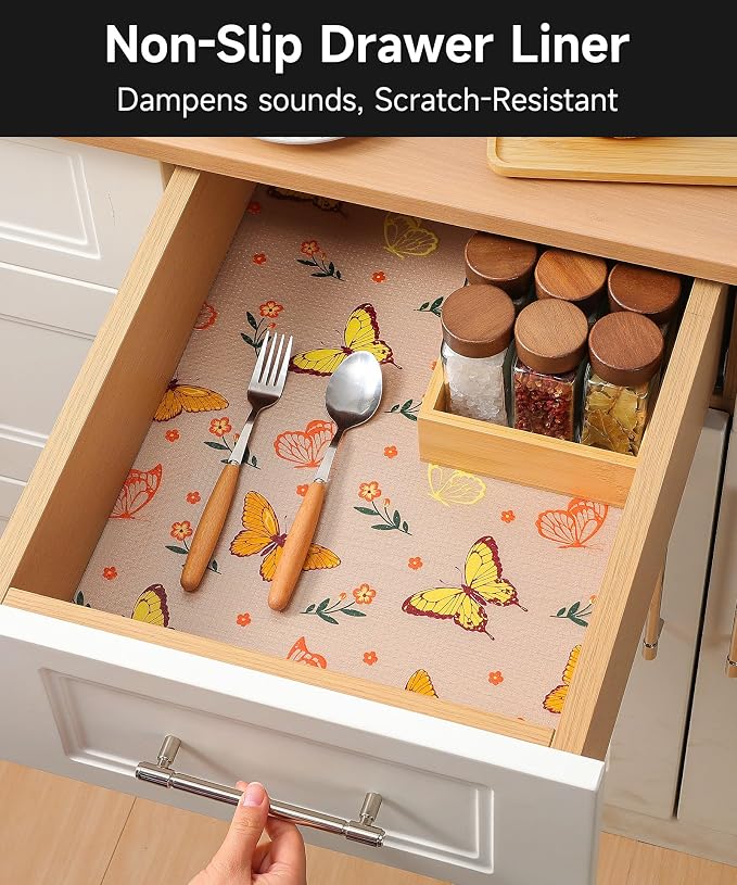 Drawer & Shelf Liner for Kitchen Cabinets Non Adhesive Waterproof Oilproof Easy to Cut Reusable Washable Shelf Paper for Refrigerator, Cupboard, Dresser, Bathroom (Colorful Butterfly, 23.6"W x 236"L)