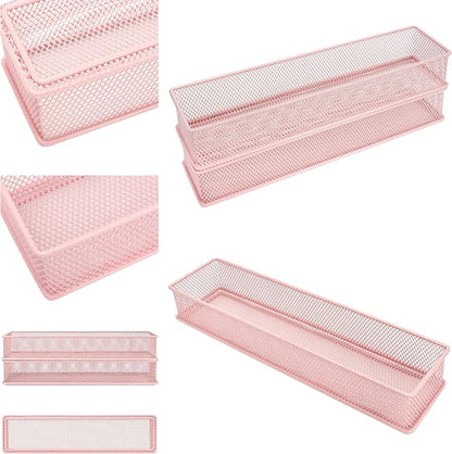 Annova Mesh Stackable Drawer Cabinet and Shelf Organizer Bins Storage Basket School Office Supply Holder Tray- Set of 2 (Light Pink, 3x12x2 Inch)
