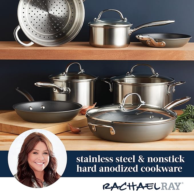 Rachael Ray 70033 Professional Stainless Steel/Hard Anodized Nonstick Cookware Pots and Pans Set, 11 Piece - Gray and Silver