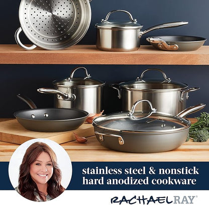 Rachael Ray 70033 Professional Stainless Steel/Hard Anodized Nonstick Cookware Pots and Pans Set, 11 Piece - Gray and Silver