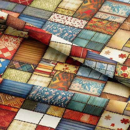 Patchwork Cotton Fabric Panel 61 x 36.6 Inches, Vintage Rustic Quilt Squares Design, 100% Cotton 140 GSM, Sewing Quilting Craft Fabric