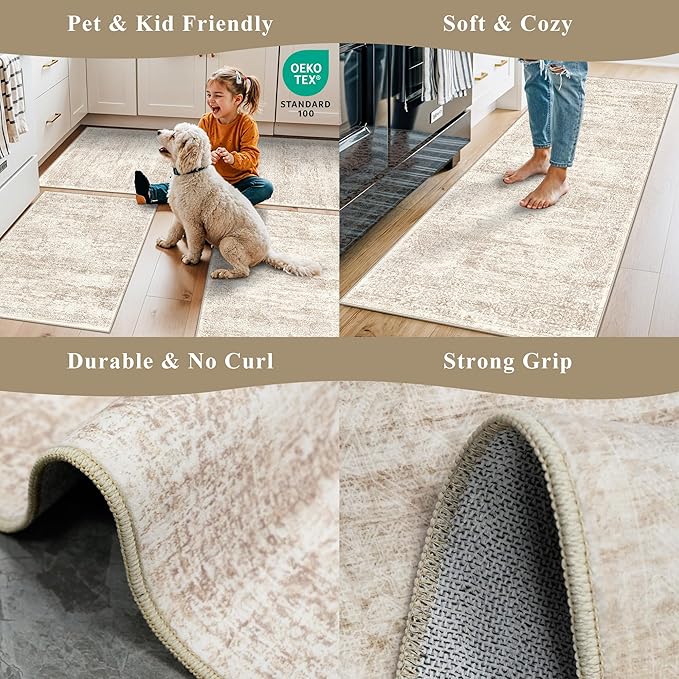 4 Piece Washable Kitchen Rug Set, Non Slip Kitchen Mats for Floor Stain Resistant Waterproof Kitchen Sink Rug Set for Kitchen, Floor, Office(Cream Beige, 2x3+2x4+2x5+2x6)