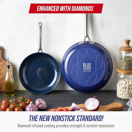 Blue Diamond 9.5” and 11" Frying Pan Skillet Set, Diamond Infused PFAS & PFOA-Free Ceramic Nonstick Pots & Pans, Durable Non Toxic Metal Utensil Safe & Scratch Resistant, Dishwasher & Oven Safe, Blue