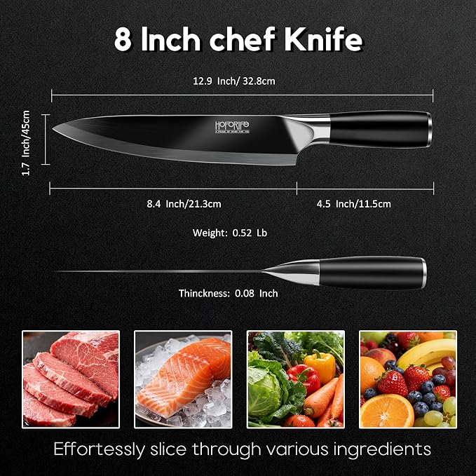 8"/20cm Chef's Knife, Japanese Hand Forged Chefs Knife High Carbon Steel Core with wooden Ergonomic Handle, Gift Box & Knife Sheath (Black)