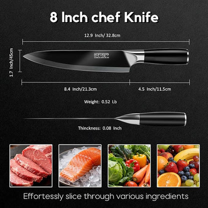 8"/20cm Chef's Knife, Japanese Hand Forged Chefs Knife High Carbon Steel Core with wooden Ergonomic Handle, Gift Box & Knife Sheath (Black)