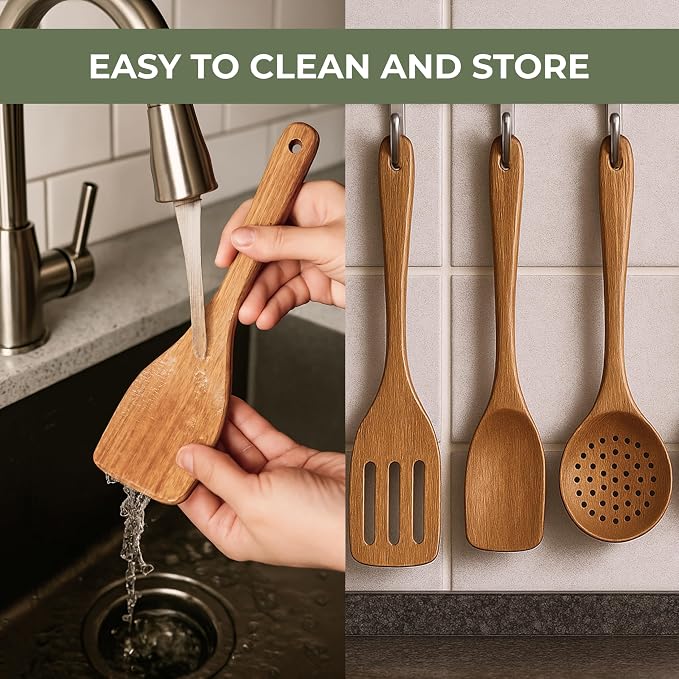 Vasilek Wooden Utensil Set XXl – 13 Piece Acacia Wood Cooking Tools with Round Holder for Nonstick Cookware with Holder & Spoon Rest – Wooden Spoons for Cooking, Spatula, Spurtle