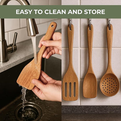 Vasilek Wooden Utensil Set XXl – 13 Piece Acacia Wood Cooking Tools with Round Holder for Nonstick Cookware with Holder & Spoon Rest – Wooden Spoons for Cooking, Spatula, Spurtle