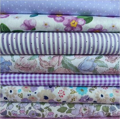7PCS 9.8" x 9.8"(25 * 25CM) Quilting Fat Quarters Fabric Bundles, for Sewing Crafting,Print Floral Striped Polka Dot 100% Cotton Gingham Fabric (Purple Flowers, 25 * 25cm)