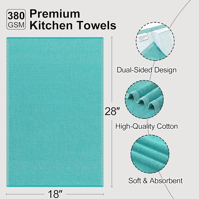 Mordimy Premium Kitchen Towels 6 Pack (18 x 28 Inches, Teal), Large Cotton Kitchen Hand Towel, Flat & Terry Dish Towels for Drying Dishes, Super Absorbent Tea Dishtowels Set with Hanging Loop