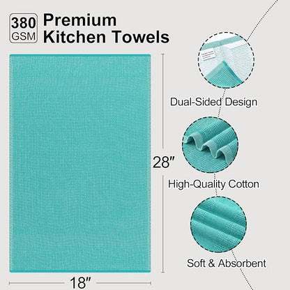 Mordimy Premium Kitchen Towels 6 Pack (18 x 28 Inches, Teal), Large Cotton Kitchen Hand Towel, Flat & Terry Dish Towels for Drying Dishes, Super Absorbent Tea Dishtowels Set with Hanging Loop