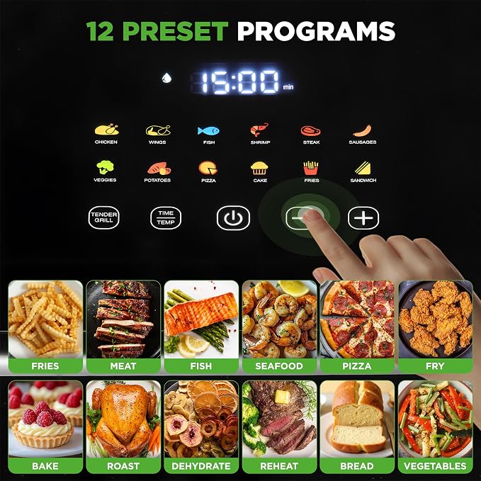 NutriChef 6 Liter Electric Air Fryer & Food Steamer Function | 12-1 Preset Cooking Functions, Fries, Chicken, & More | Transparent Window & Food Steaming option for Best Cooking Results | Black