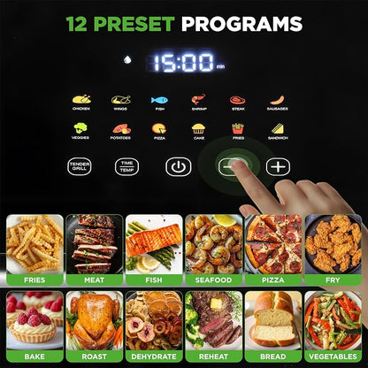 NutriChef 6 Liter Electric Air Fryer & Food Steamer Function | 12-1 Preset Cooking Functions, Fries, Chicken, & More | Transparent Window & Food Steaming option for Best Cooking Results | Black