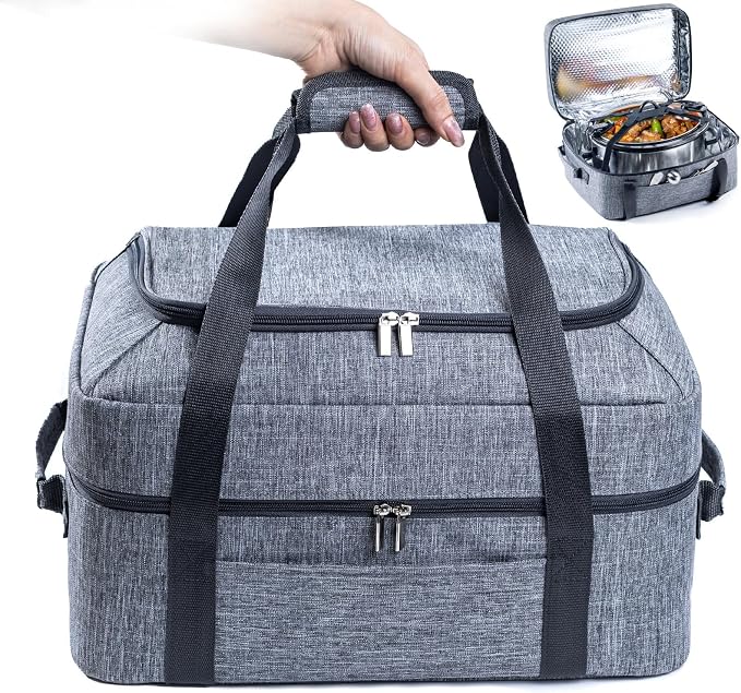 BAGSPRITE Double-Layer Slow Cooker Carrying Bag for 6-8 Quart CrockPot and Hamilton Beach Slow Cookers, Travel Bag with Lid Fastener for Crock-pot, Portable Carrier Case, Grey