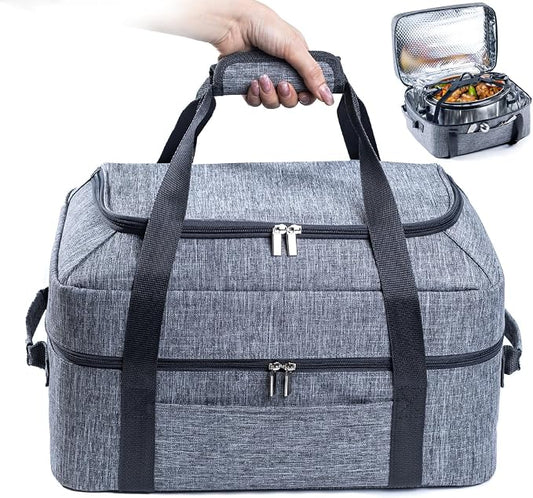 BAGSPRITE Double-Layer Slow Cooker Carrying Bag for 6-8 Quart CrockPot and Hamilton Beach Slow Cookers, Travel Bag with Lid Fastener for Crock-pot, Portable Carrier Case, Grey