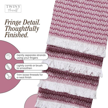 TWINY threads Dish Towel Chevron Pattern, Premium 100% Cotton Kitchen Linen Set, Large Wash Rags for Drying Dishes, Absorbent Quick Drying, Reusable, 12 Pack, 16"x26", Burgundy Wine