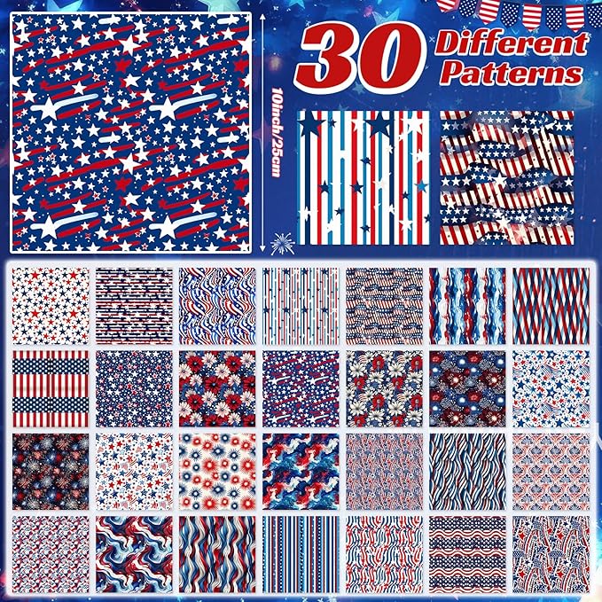 Tatuo 30 Pcs Patriotic Cotton Fabric Squares Bundle 10x10 Inch Red Blue White Precut Quilting Fabric 4th of July 30 Designs Star Stripe Fabrics for 250 Anniversary Sewing, Patchwork, DIY Crafts