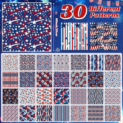 Tatuo 30 Pcs Patriotic Cotton Fabric Squares Bundle 10x10 Inch Red Blue White Precut Quilting Fabric 4th of July 30 Designs Star Stripe Fabrics for 250 Anniversary Sewing, Patchwork, DIY Crafts