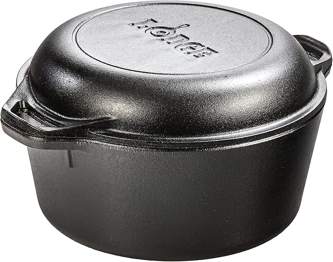 Lodge Cast Iron Double Dutch Oven 5 Quart - Pre-Seasoned 2-in-1 Cast Iron Cookware - Pot & Skillet Combo - Even Heat Retention - Oven-Safe, Versatile Pot