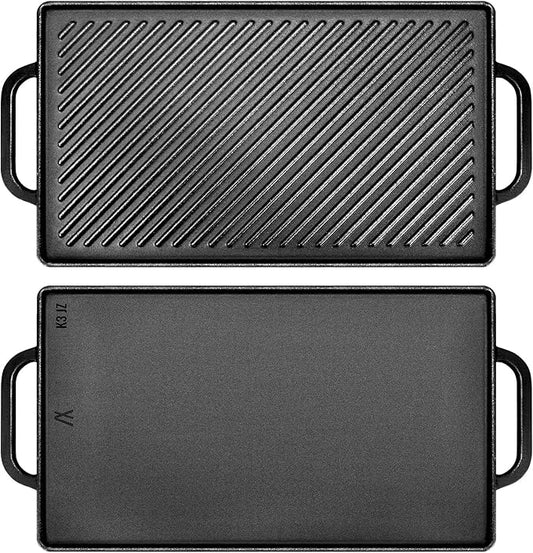 GGC Cast Iron Reversible Griddle, Double-sided Griddle Pan for Indoor and Outdoor Cooking, 15 x 9 Griddle Plate with Flat and Ribbed Side for Stove Tops, Gas Grills and Camping