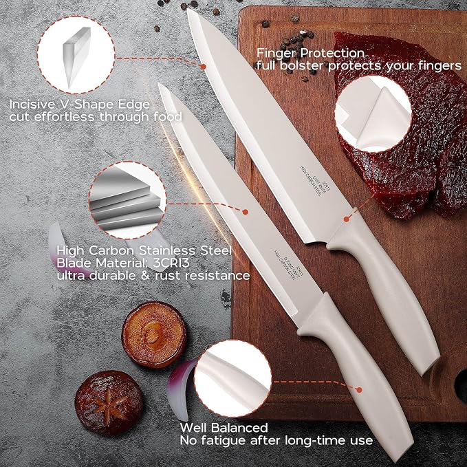 Onader 12 Pieces Khaki Knife Set for Kitchen, Sharp Stainless Steel Cooking Knife Set with Sheath Covers