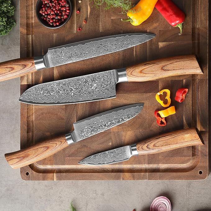 Wakoli EDIB Pro 4-Piece Damascus Knife Set – Professional Chef Knives Set with VG10 Core Blades, 67-Layer Damascus Steel and Ergonomic Pakkawood Handles – Premium Kitchen Knives in Elegant Gift Box